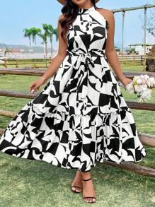 Breezaya 大尺碼優雅印花連身裙 - 黑與白 - 查看 3