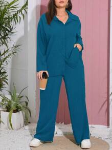 SHEIN Essnce Bộ đồ hai mảnh họa tiết sọc sóng thoải mái cỡ lớn - Màu xanh ngọc - Xem 4