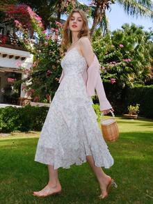 Vacation & Casual Ditsy Floral Spaghetti Strap Dress - Beige - View 3