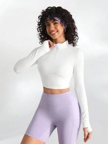 SHEIN Sports 純色拉鍊開襟半扣合修身運動衫 - 白色 - 查看 5
