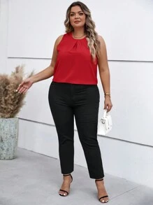 SHEIN Clasi Plus Size Round Neck Sleeveless Blouse - Red - View 7