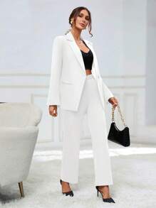 SHEIN Privé Women's Lapel Collar Blazer And Pants Set - White - View 3
