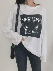 DAZY Của phụ nữ Vòng cổ Lá thư & Năm cánh Ngôi sao In Áo thun - trắng - Xem 8