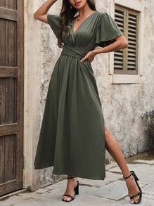 SHEIN LUNE Vestido Con Cuello En V, Manga Corta Y Falda Acampanada Para Mujer - Verde militar - Ver 5