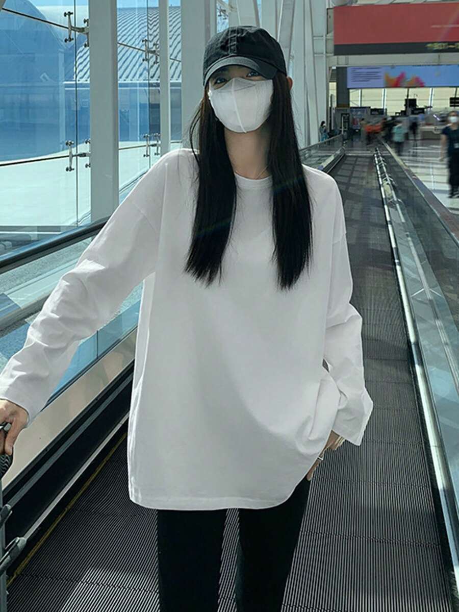 女士纯色圆领休闲宽松长袖 T 恤