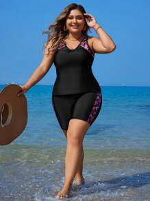 Swim Lushoire 夏季海滩加大码热带印花背心和平角泳衣套装 - 黑色 - 查看 4