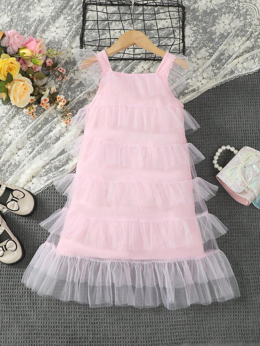 SHEIN Young Girl's Mesh Contrast Ruffle-Trimmed With Beading Decoration Cami Dress - Pink - View 1
