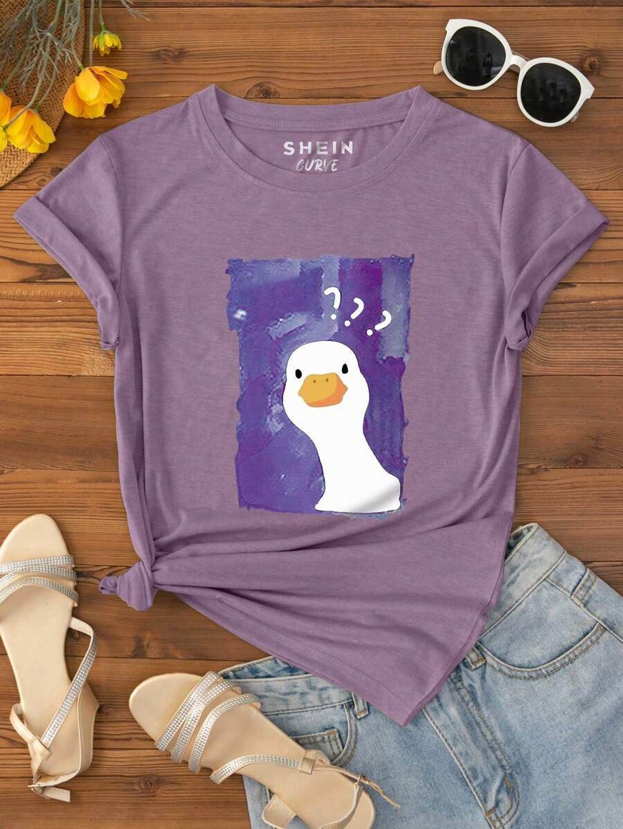 INAWLY Plus Size Cartoon Printed Round Neck T-Shirt Women Graphic Tee Top For Summer - Lilac Purple - View 1