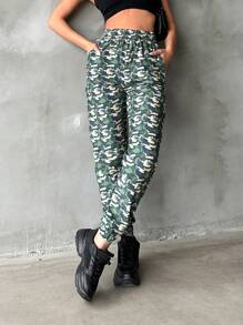 EURMUSE Camouflage Pattern Elastic Waistband Cargo Pants - Dark Green - View 5