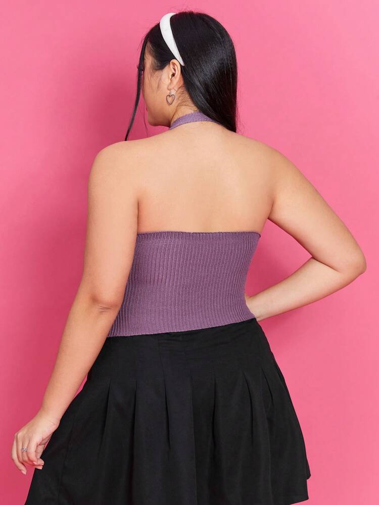 Plus Size Women's Purple Halter Neck Knit Top, Slimming And Versatile