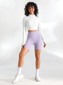 SHEIN Sports 純色拉鍊開襟半扣合修身運動衫 - 白色 - 查看 4
