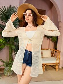 SHEIN Teen Girls' Knit Hollow Out Jacquard Cardigan With Long Sleeves And Casual Style