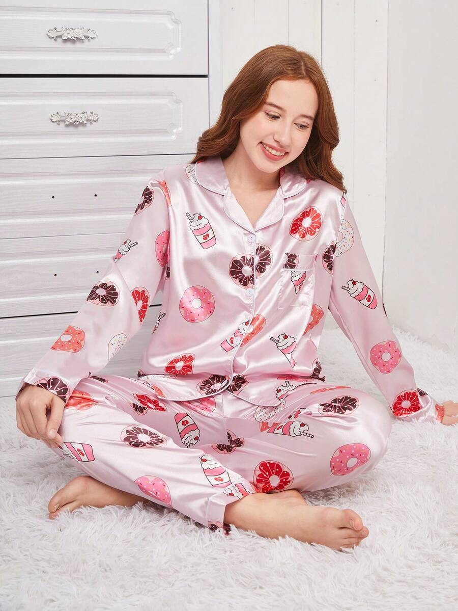 少女印花保暖長褲和針織衫套裝,淺粉色系甜點圖案（甜甜圈,曲奇,奶茶）,適合居家服裝 - 淺粉色 - 查看 1