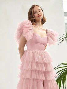 Enchnt Women's Mesh Spliced Flounce Sleeve Cake Hem Dress - Pink - View 4