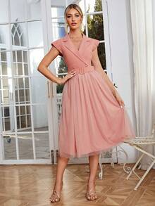 Simplee Women's Mesh Contrast Short Cape Sleeve A-Line Dress - Pink - View 3