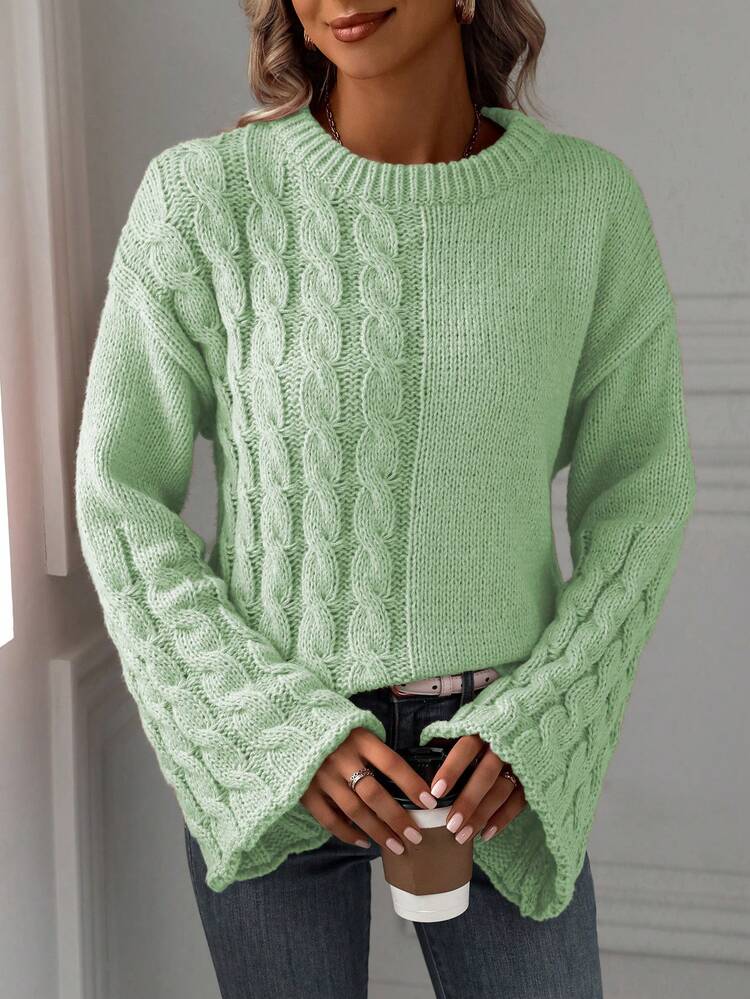 Women's Bell Sleeve Cable Knit Sweater, Knit Pullover Fall Winter
