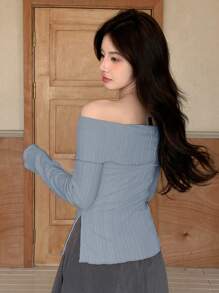 DAZY Áo thun dài tay hở vai màu trơn đơn giản cho nữ mùa thu, quần áo mùa thu hở vai cho nữ - Màu xanh lam - Xem 2