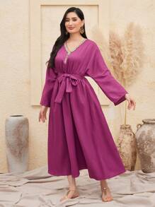 Al Najma Crystal Decorated V-Neck Waist Cinched Dress - Purple - View 4