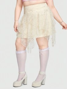 ROMWE Kawaii Vintage Embroidery Mesh Asymmetrical Hem Plus Size Women's Skirt - Apricot - View 3