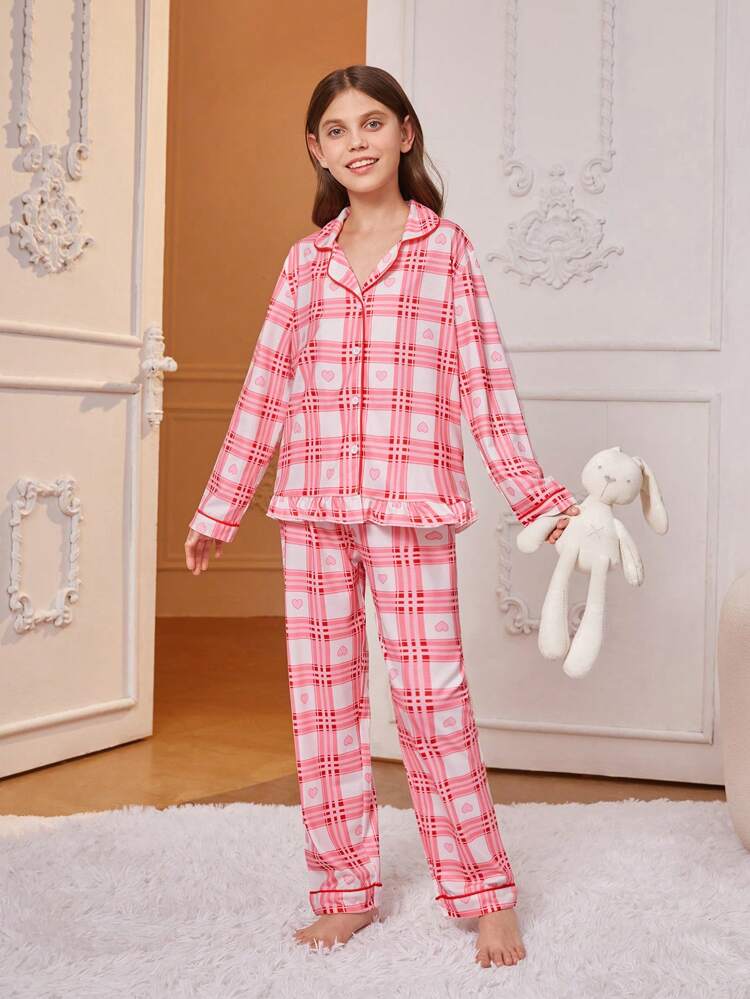 2pcs/Set Tween Girls' Checkered Printed Long Sleeve Shirt And Pants Pajamas Set