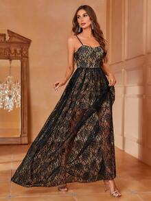 Faeriesty Lace Floor Length Elegant Cami Party Dress - Black - View 4