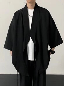 Manfinity Hypemode 男士纯色落肩袖衬衫，宽松短衬衫纯黑色都市日式风格男友礼物 - 黑色 - 查看 5