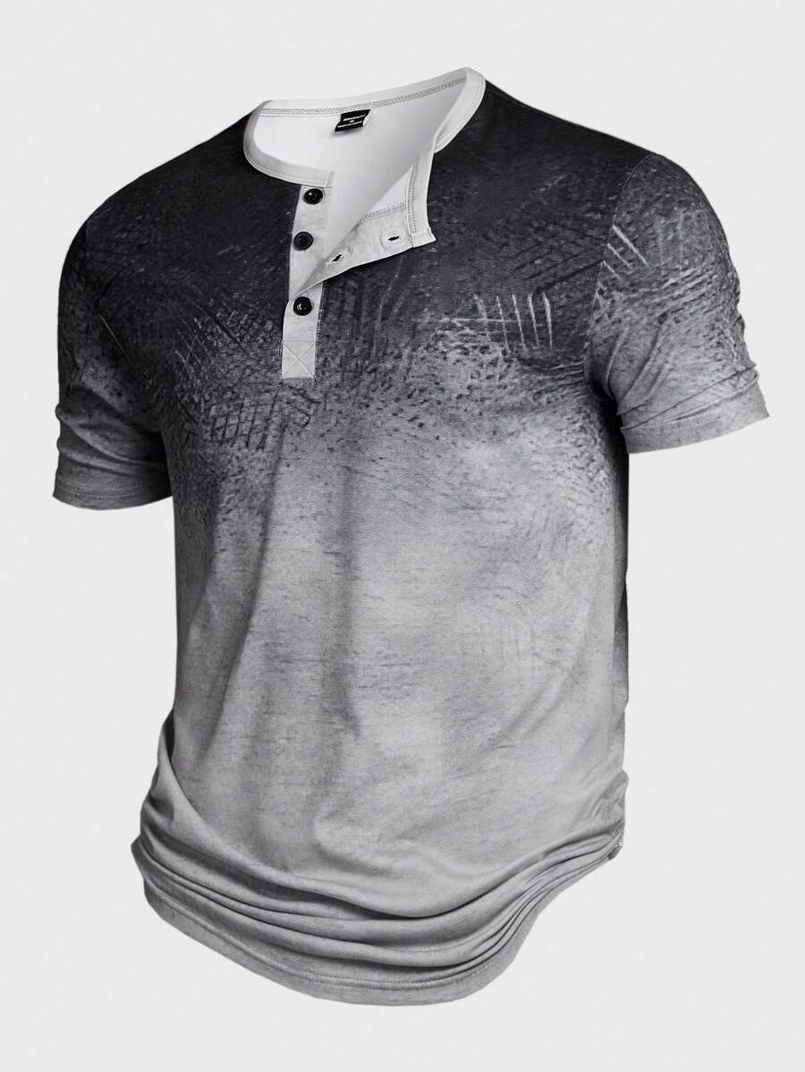Manfinity Homme 男士纽扣前扎染短袖 T 恤，时尚，适合外出，适合丈夫，亨利衫 - 灰色 - 查看 1