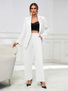SHEIN Privé Women's Lapel Collar Blazer And Pants Set - White - View 5
