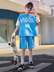 SHEIN Cậu bé Tween Giải trí In thư 2 trong1 Ngắn tay Áo thun Với Khối màu Thiết kế Và Quần short Dệt kim Hai chiếc Bộ - Màu xanh lam - Xem 7