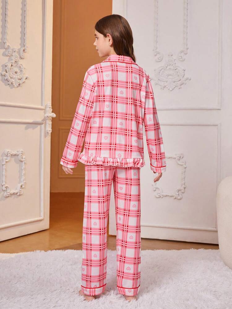 2pcs/Set Tween Girls' Checkered Printed Long Sleeve Shirt And Pants Pajamas Set