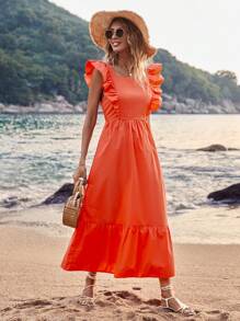 SHEIN VCAY Summer Women Beach Clothes Solid Orange Color Holiday Style Backless Bow-Knot Strap Ruffle Hem Long Dress - Orange - View 8