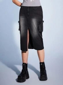 Forever 21 低腰復古分叉前裝貨物牛仔裙 - 灰色 - 查看 4