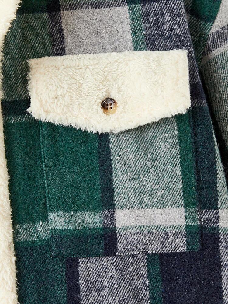 Oversized Men's Casual Plaid Patchwork Fleece Denim Jacket, For Fall Winter