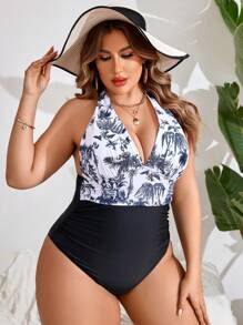 SHEIN Swim Curve Summer Beach Plus Size Tropical Print Backless Halter One Piece Swimsuit - Black and White - View 4
