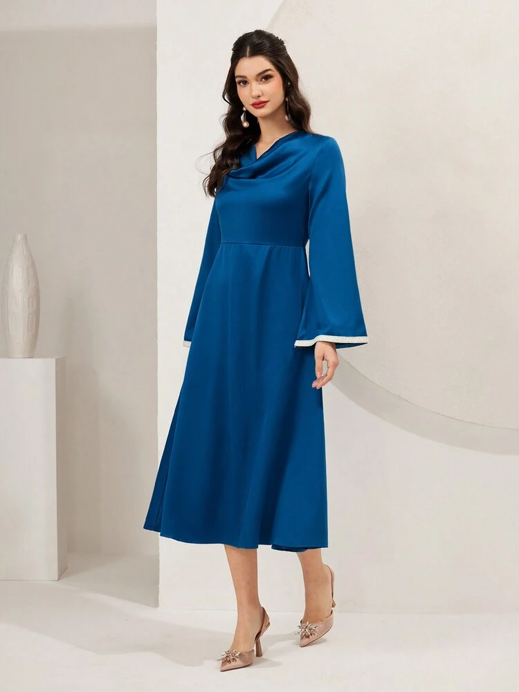 Women's Draped Collar Color Block Trim Bell Sleeve A-Line Dress Long Evening Dresses Fall Cloth For Women