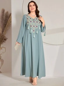 Váy tua rua in hình học chắp vá phong cách Ả Rập cỡ lớn cho nữ - Màu xanh bụi bặm - Xem 4