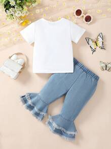 Baby Girls' Cute Daisy & Letter Printed Short Sleeve T-Shirt And Casual Denim Flared Pants Set - Multicolor - View 2