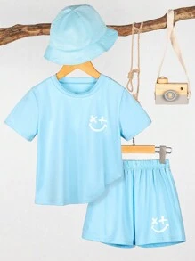 SHEIN Young Boys' Face Print Short Sleeve T-Shirt And Shorts Set - Blue - View 1