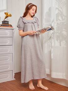 1pc Teen Girls' Casual Short Sleeve Long Sleep Dress With Ruffle Hem Design - Dusty Pink - View 4