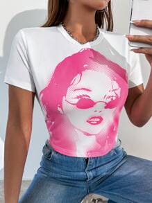 SHEIN Unity Camiseta De Mujer Con Retrato Impreso - Blanco - Ver 4