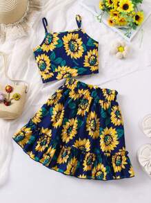 Trẻ Cô gái Hoa Hướng dương Mô hình Cami ngọn Và Bộ quần short , Mùa hè - Nhiều màu - Xem 2