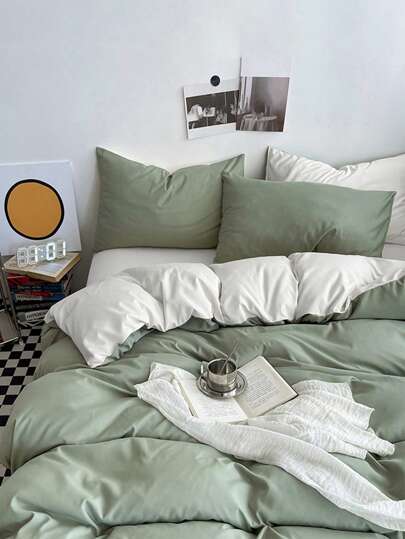 3pcs Green & White Washed Reversible Quilt Cover Set, Suitable For Boys & Girls Dorms