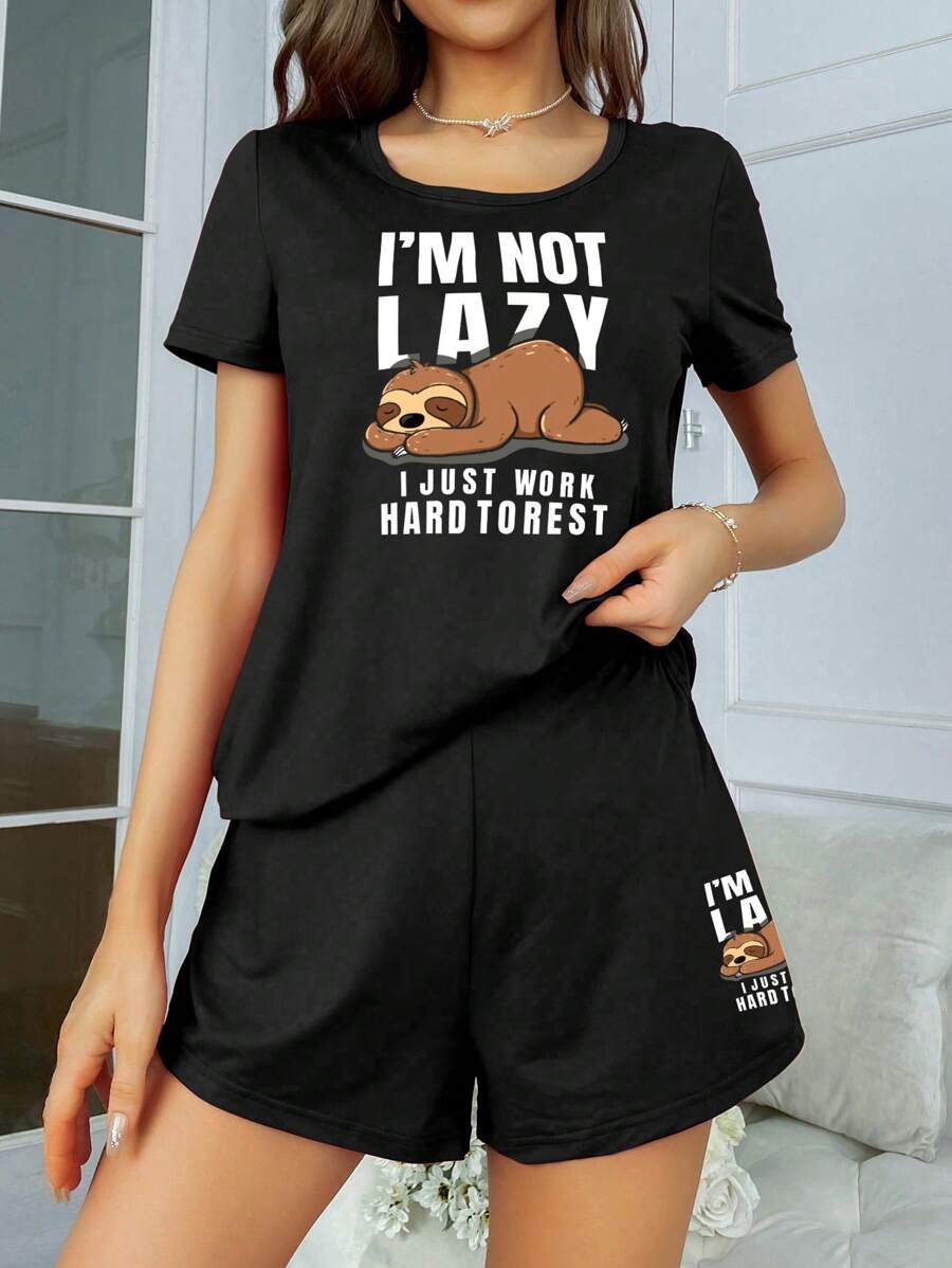 Sloth Print Short Sleeve T-Shirt And Shorts Pajama Set - Black - View 1