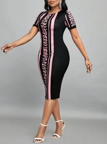 SHEIN Lady 女士豹纹圆领短袖修身优雅办公室连衣裙，春夏 - 彩色 - 查看 4