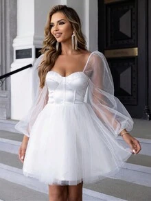 Joyfunear Women's Mesh Patchwork Sweetheart Collar Dress - White - View 4