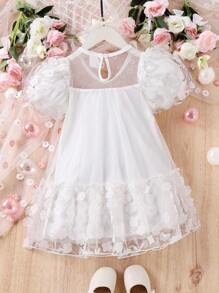 SHEIN 少女春秋公主風格，甜美網紗連衣裙適用於假期 - 白色 - 查看 2