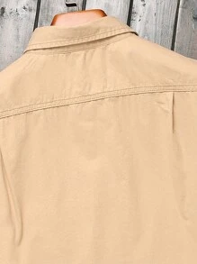 Manfinity Homme Áo sơ mi nam denim màu trơn phía trước, áo sơ mi đô thị cotton trơn màu kem - Màu Khaki - Xem 8