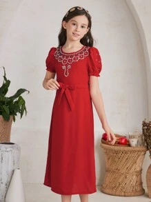 SHEIN Girls' Gorgeous Medium-Long Woven Dress - Red - View 1