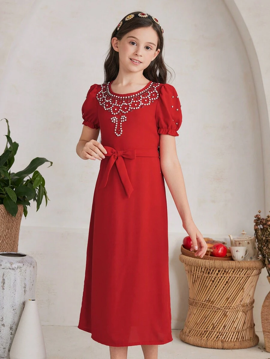 SHEIN Girls' Gorgeous Medium-Long Woven Dress - Red - View 1
