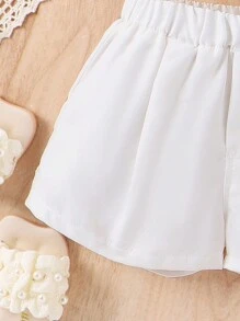 SHEIN Sweet Ruffle Trim Halter Neck Top And Casual Shorts Two-Piece Set For Young Girls - Yellow - View 3